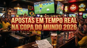 Sports bar crowd, betting slip, and beer glass for World Cup 2026 live betting.