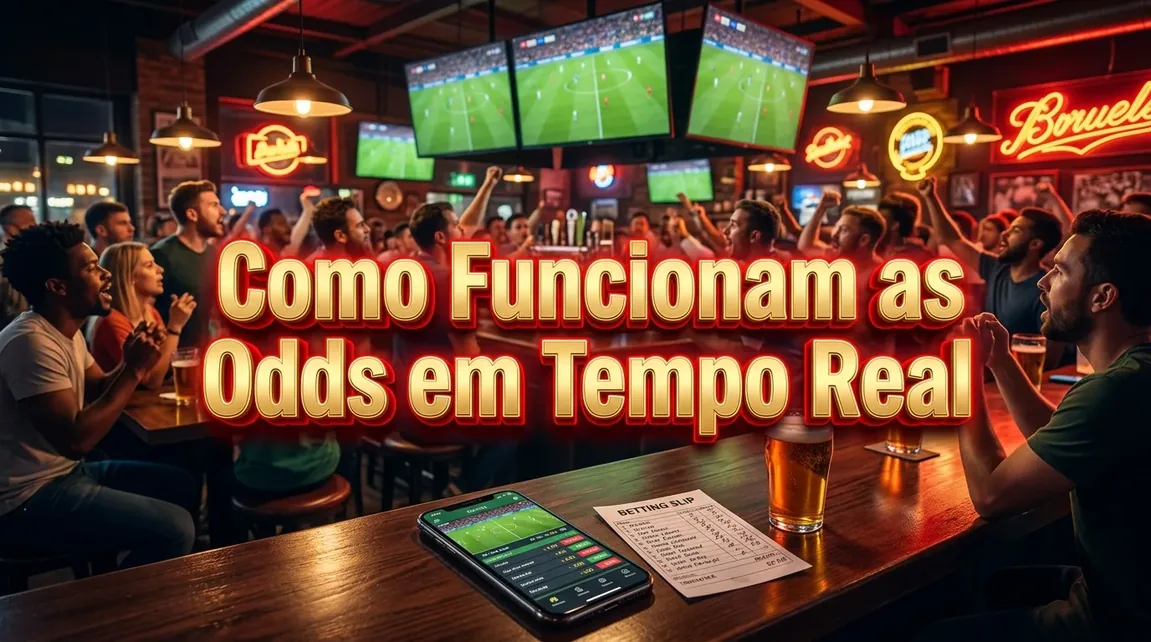 Smartphone displaying live odds on bar counter in a vibrant sports bar.