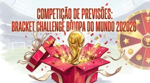 Troféu de futebol dourado emerge de presente aberto, celebrando previsões da Copa do Mundo.