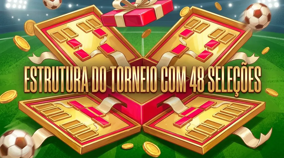 Estrutura do torneio de futebol com 48 seleções, ilustrada como um bracket dourado.