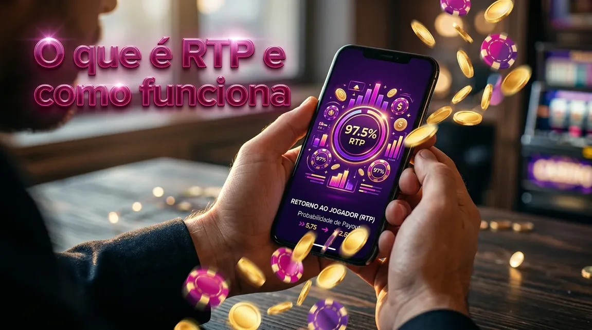 Mãos com smartphone, moedas virtuais, explicando o conceito de RTP.