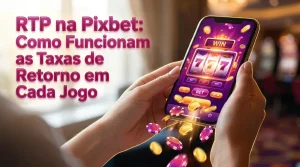 Mãos segurando telefone exibindo jogo de cassino e moedas, explicando RTP na Pixbet.